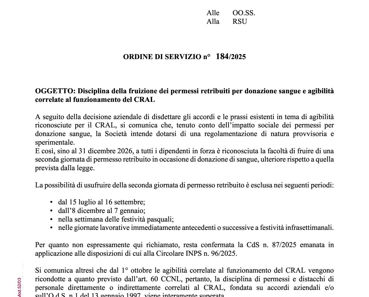 OdS 184 Disciplina fruizione permessi per Donazione Sangue